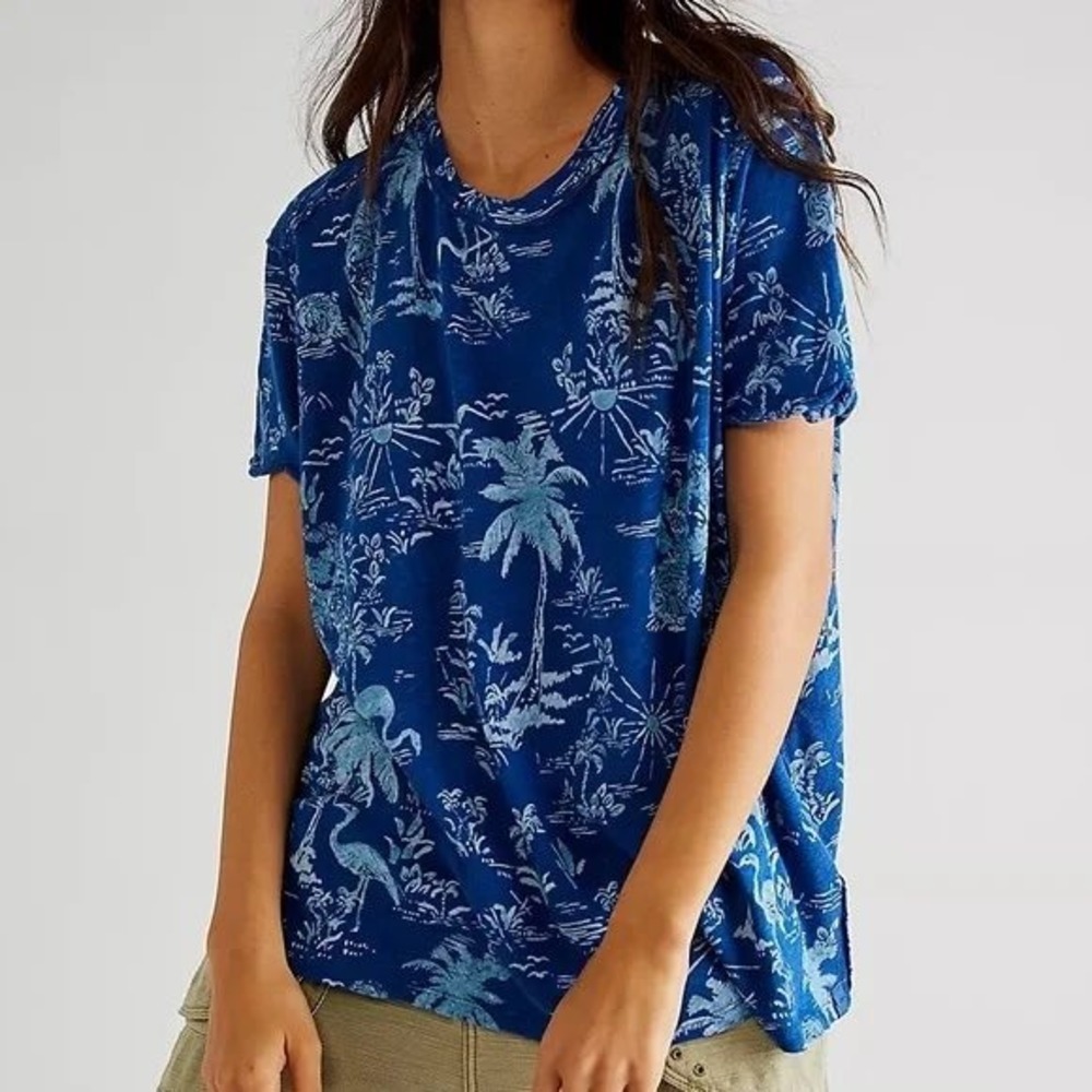 Free People We The Free Care Bali Blue Tropical Linen Blend Oversized Tee Sz M